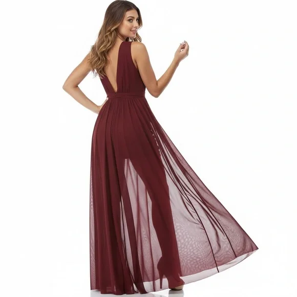 Windsor Burgundy Chiffon Maxi Dress Deep V Slit Formal Gown Size Medium NWT - Picture 5 of 15